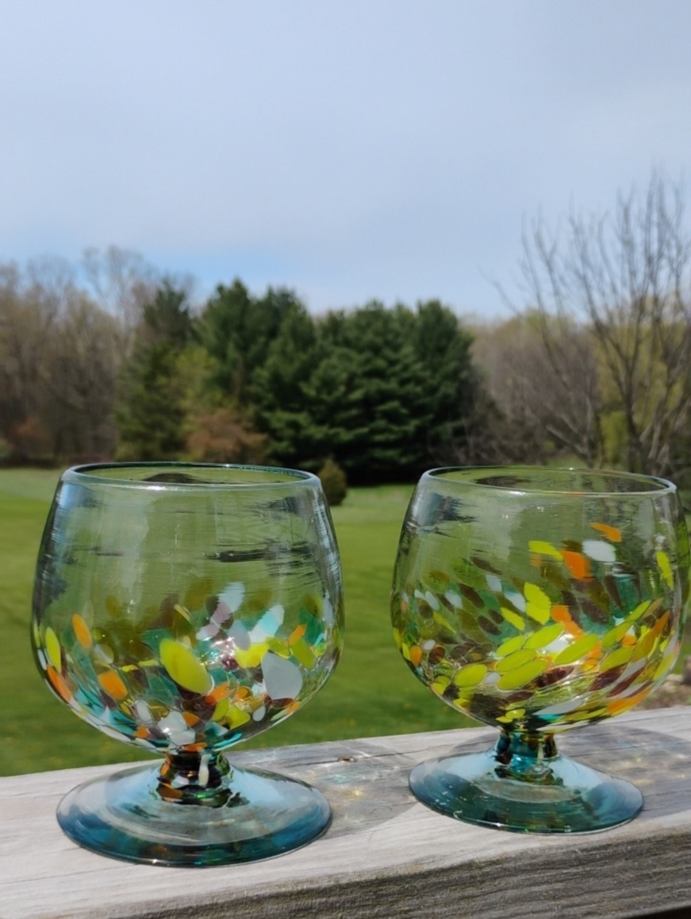 Handblown Mexican Confetti Brandy Snifter Goblet Glassware Set B